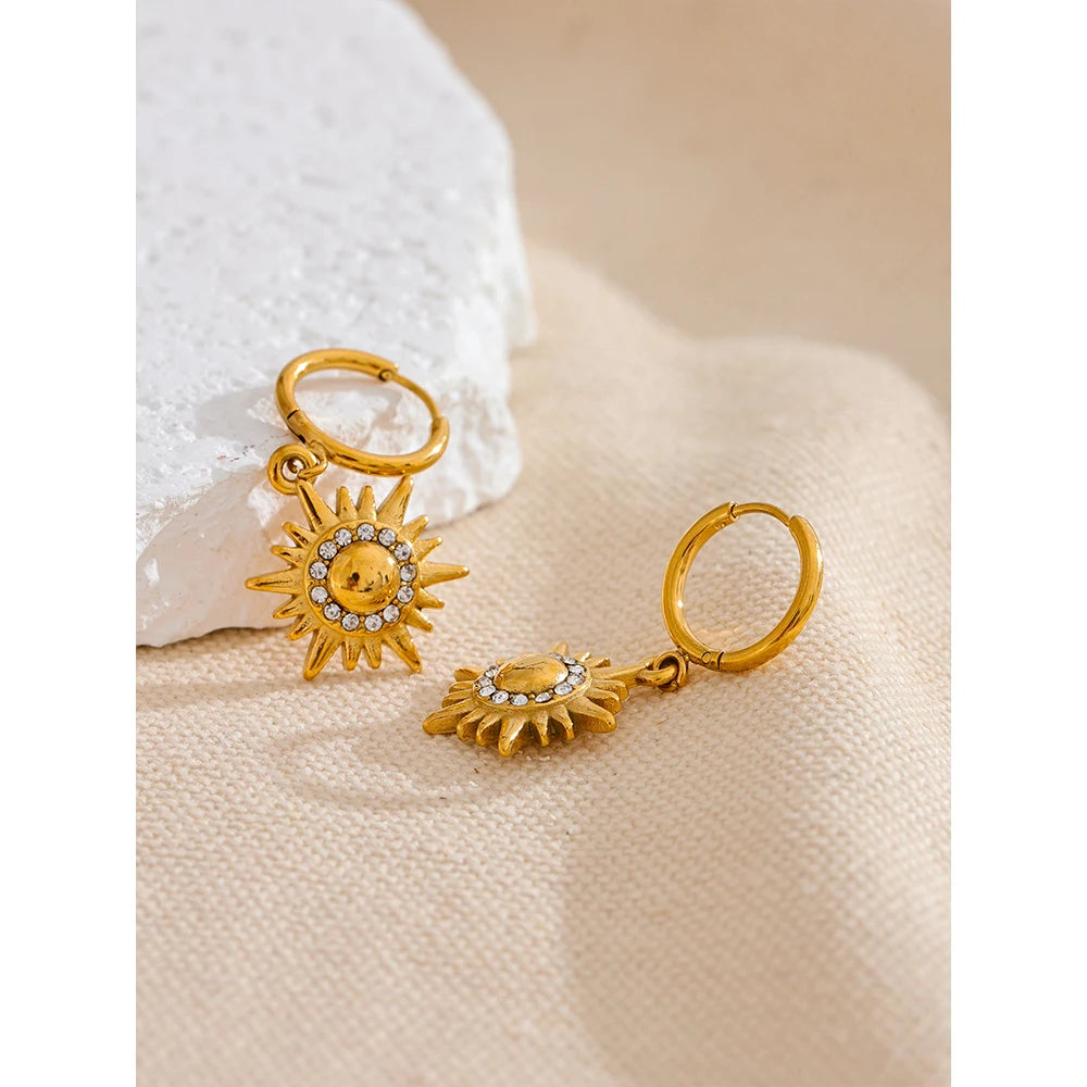 Sun Flower Drop Hoop Earrings