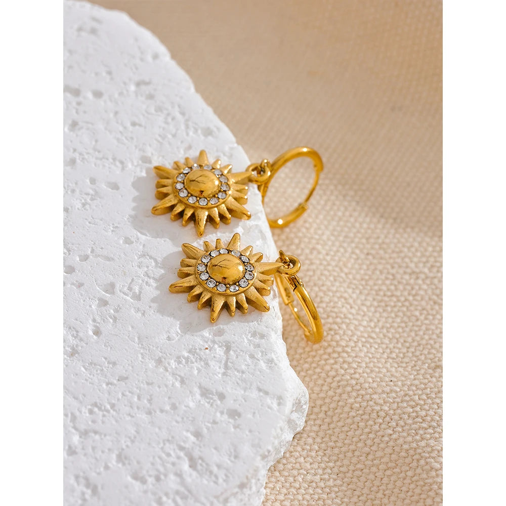 Sun Flower Drop Hoop Earrings