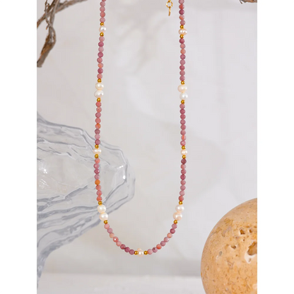 Rose Natural Stone Freshwater Pearl Handmade Necklace