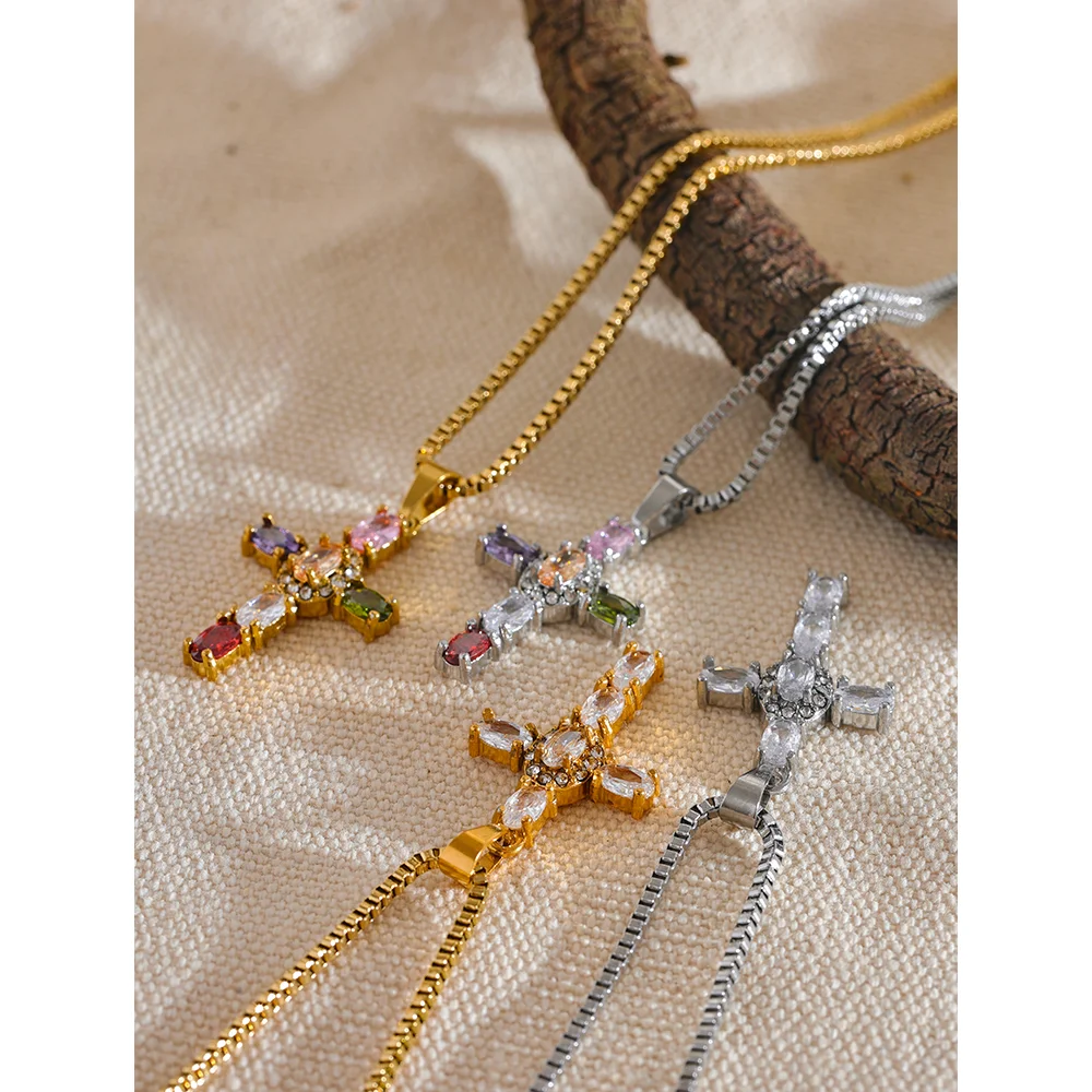 Colorful Bling CZ Cross Pendant Necklace