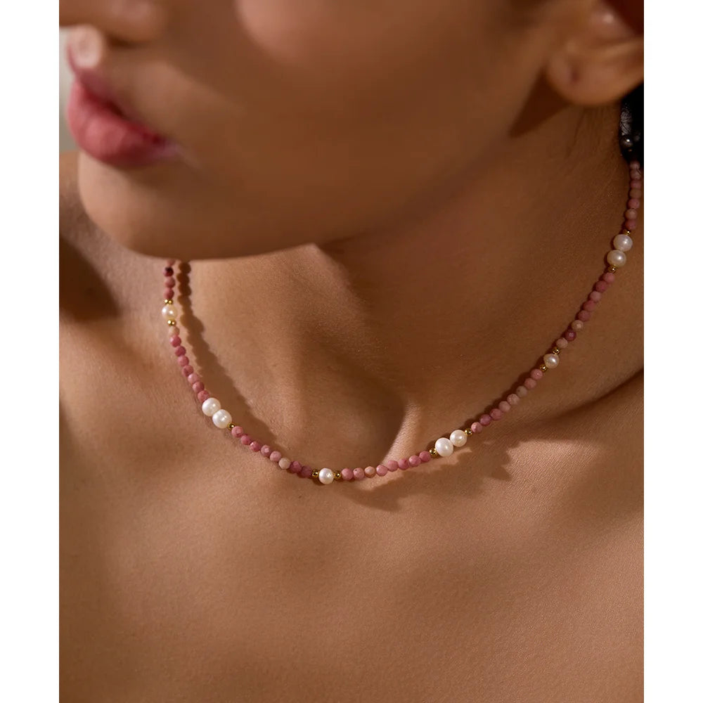 Rose Natural Stone Freshwater Pearl Handmade Necklace